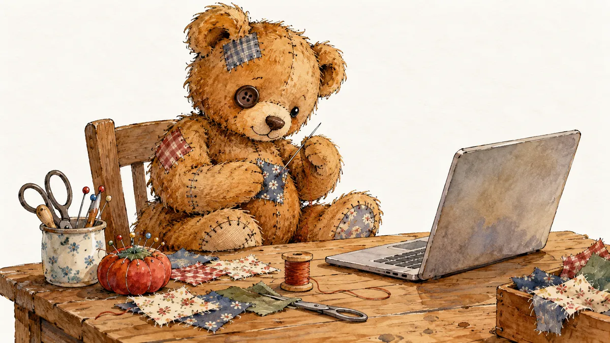 A worn teddy bear covered in patches sits at a wooden workbench with a laptop open, sewing a new patch onto himself, with scissors, pins and scraps of fabric around him.