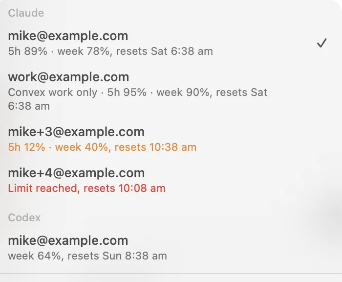 The account menu in Threadbear, listing four Claude logins and a Codex one, each with how much of its five hour and weekly limits is left.