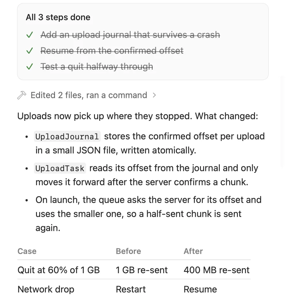 Part of a finished turn in Threadbear: a plan with all three steps ticked off, Edited 2 files, ran a command, a short list of what changed and a before and after table for an upload that gets cut off.