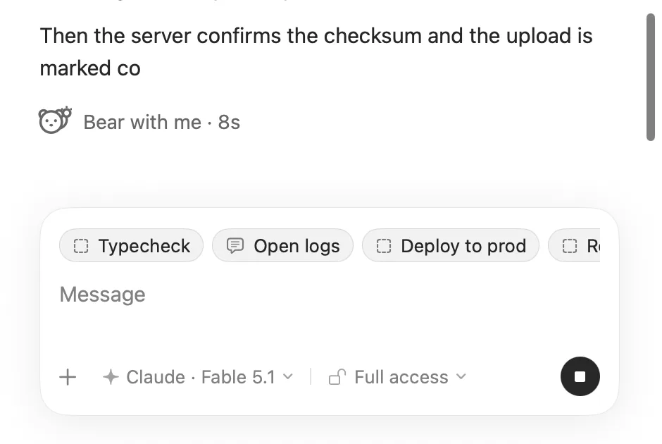 Part of a Threadbear thread while the agent is still writing, with Bear with me and 8 seconds so far under the reply, and a row of buttons from the project's patches above the message box: Typecheck, Open logs and Deploy to prod.