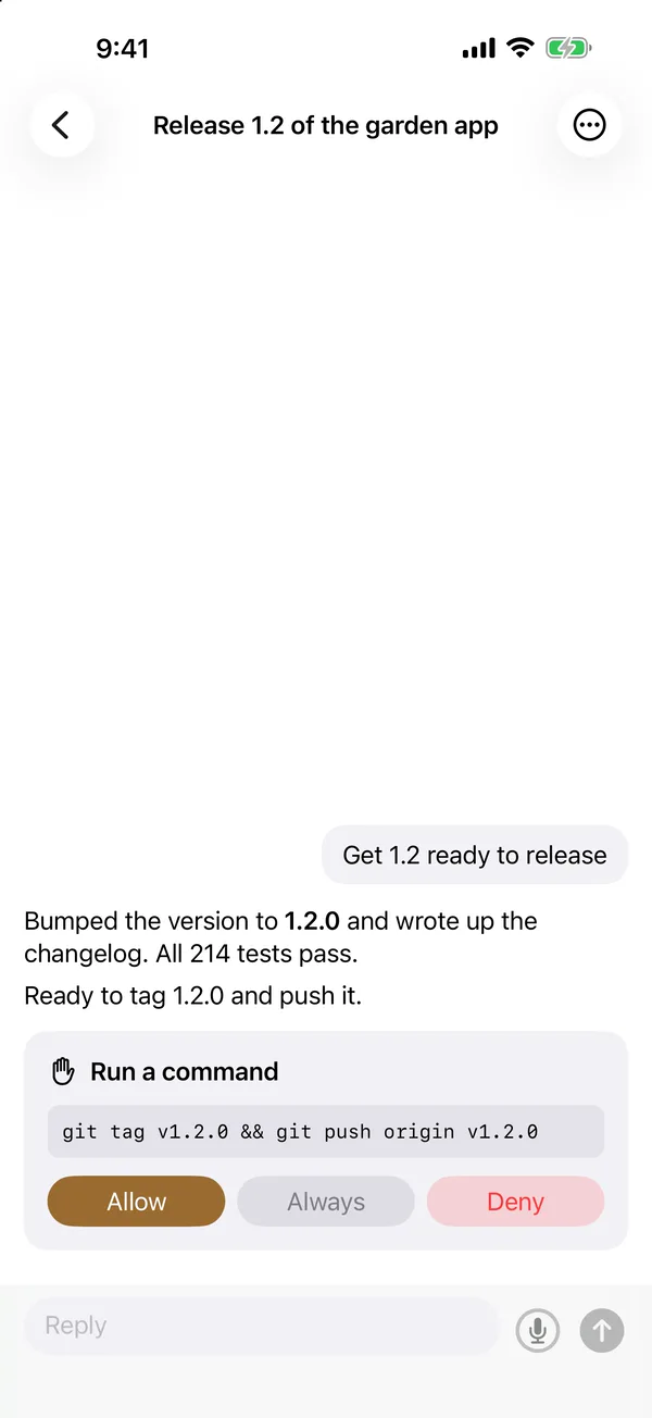 A thread on iPhone asking to run node scripts/appstore-submit.mjs, with Allow, Always and Deny buttons and a reply box at the bottom.