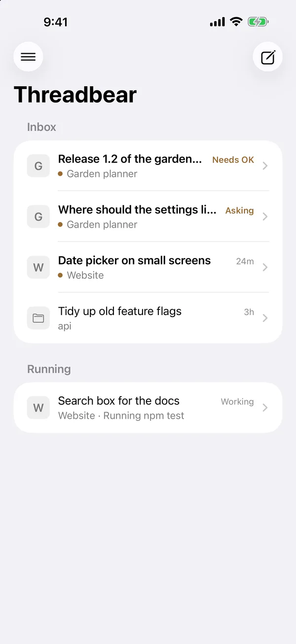 Threadbear on iPhone: the inbox, with Ship Poddle 1.0.1 marked Needs OK, a question about which database to use marked Asking, two finished threads and one running.