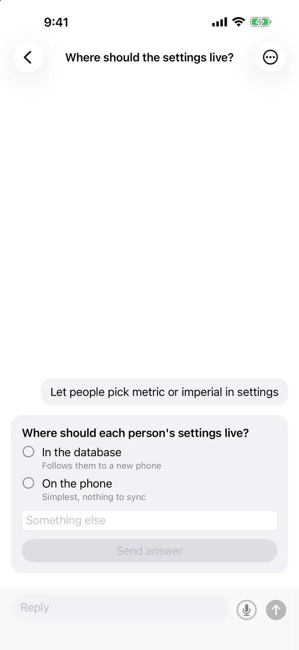 A thread on iPhone asking where the measurements should live, Convex or a JSON file, with a box for something else and a Send answer button.